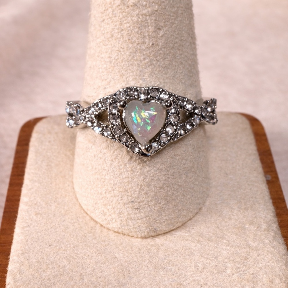 Heart Faux Opal Halo Ring Silver Tone CZ Accent Stones Size 11.5 Vintage Style